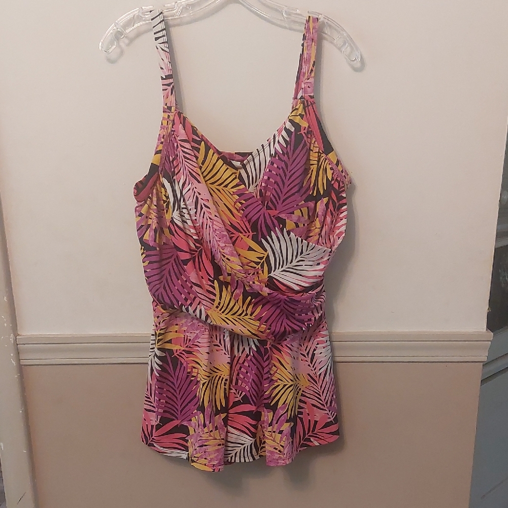 Swim 365 Multi Color Tropical Leaves One Piece Skirted Bathing Suit Sz 16W
